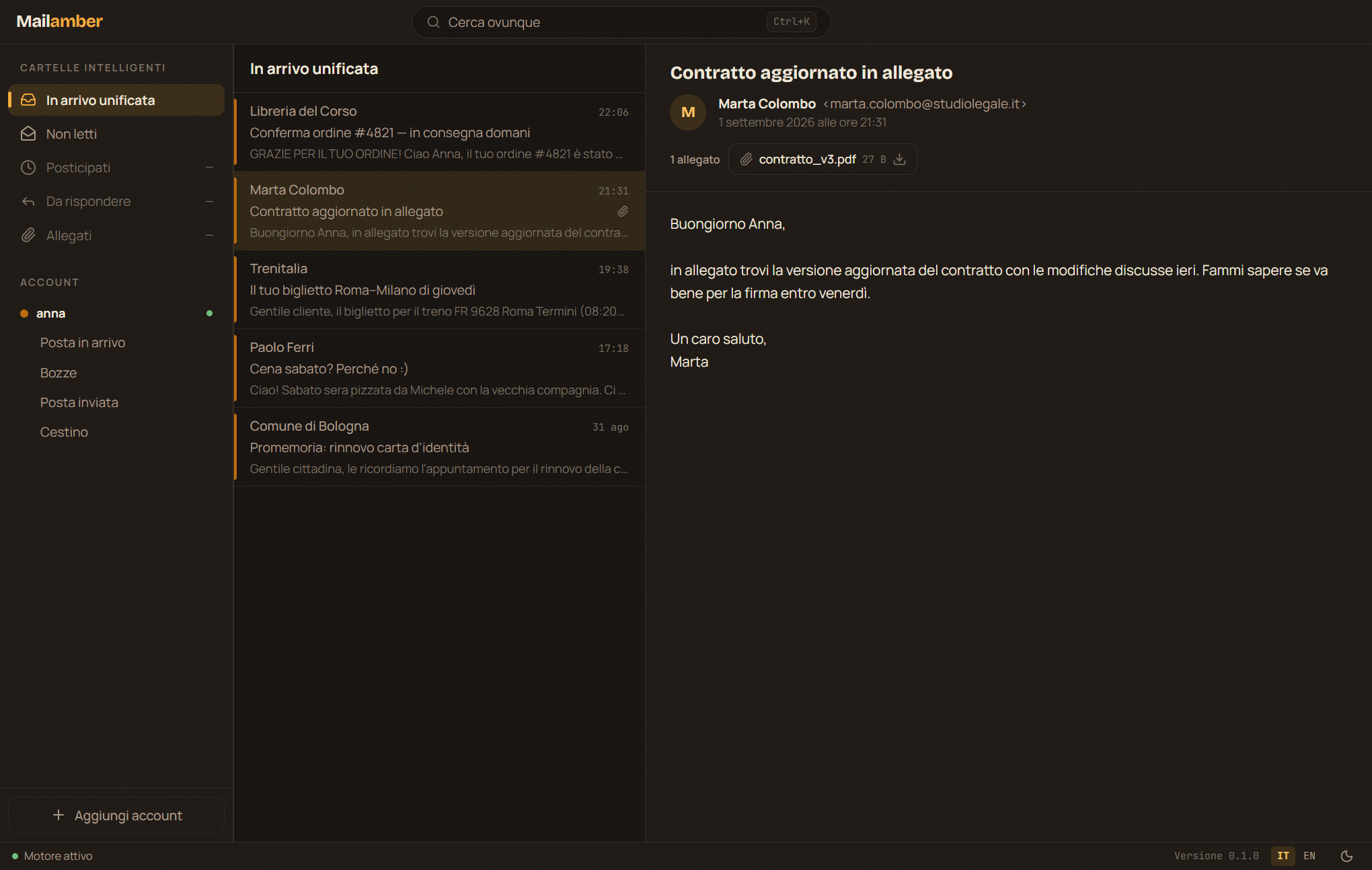 Mailamber in dark theme with the privacy panel and tracker blocking
