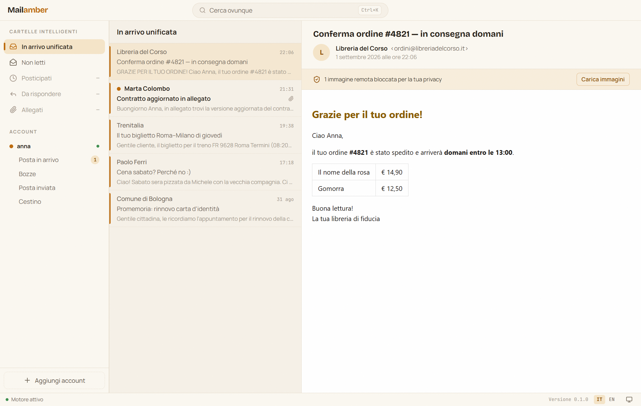 The Mailamber interface with unified inbox and message reader