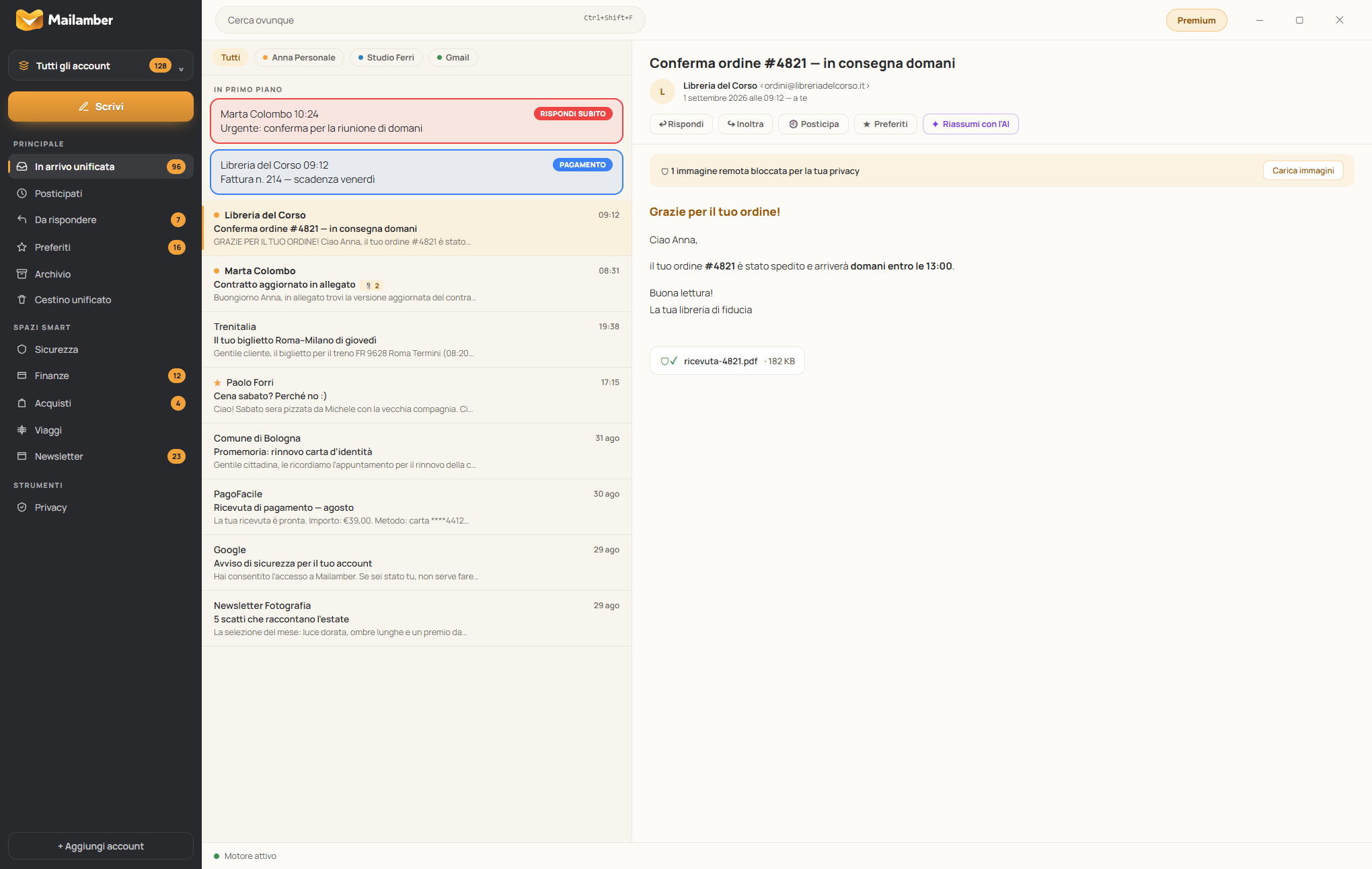 L’interfaccia di Mailamber con inbox unificata e lettore messaggi