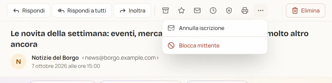 Il menu Altro della barra del lettore aperto, con Annulla iscrizione e Blocca mittente in rosso