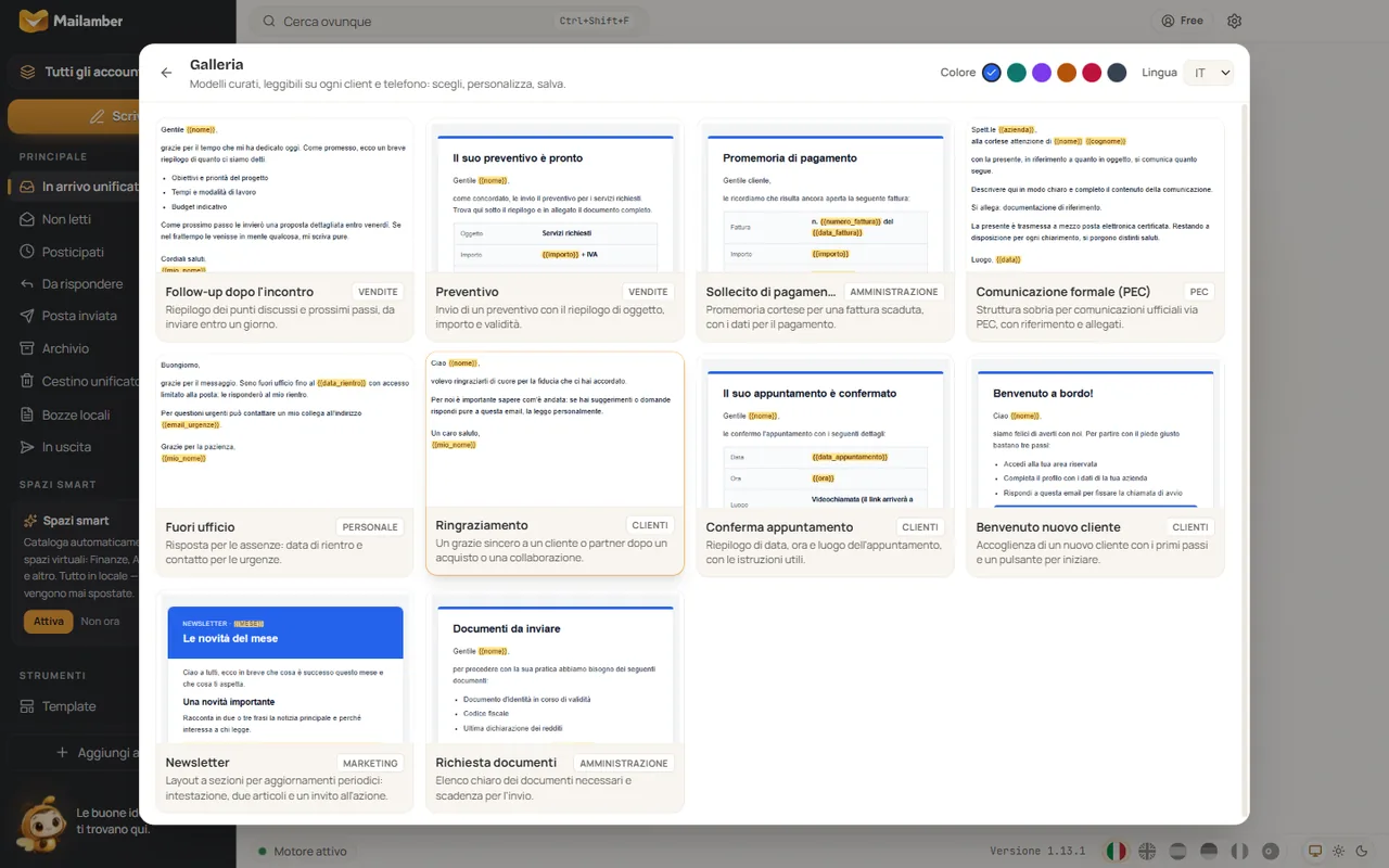 La galleria dei template: dieci modelli pronti, dal follow-up dopo l’incontro alla richiesta documenti, con la scelta del colore e della lingua