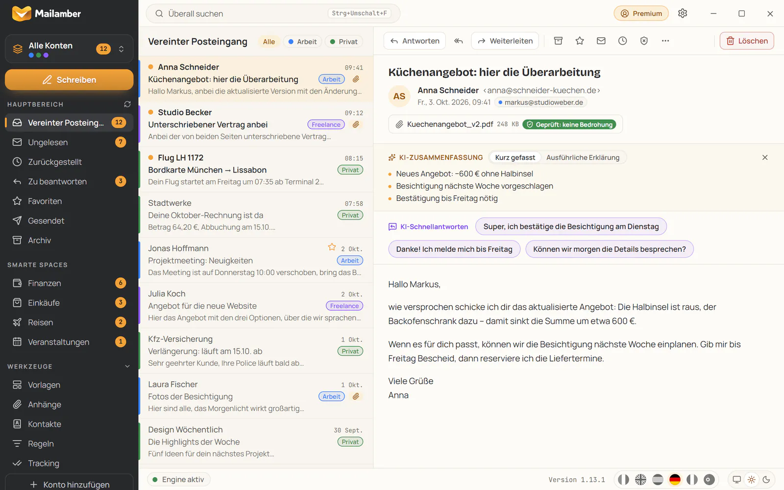KI-Zusammenfassung und KI-Schnellantworten in der Leseansicht von Mailamber
