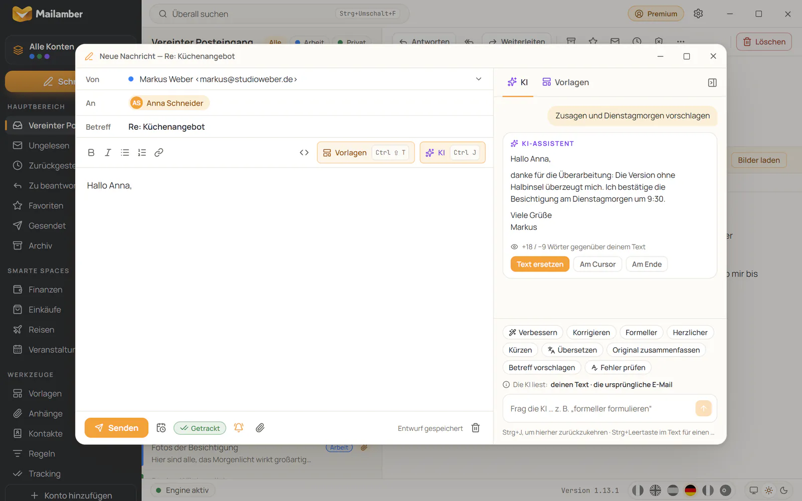 Schreibfenster von Mailamber mit aktivem ✓✓-Tracking und geöffneter Seitenleiste des KI-Copiloten