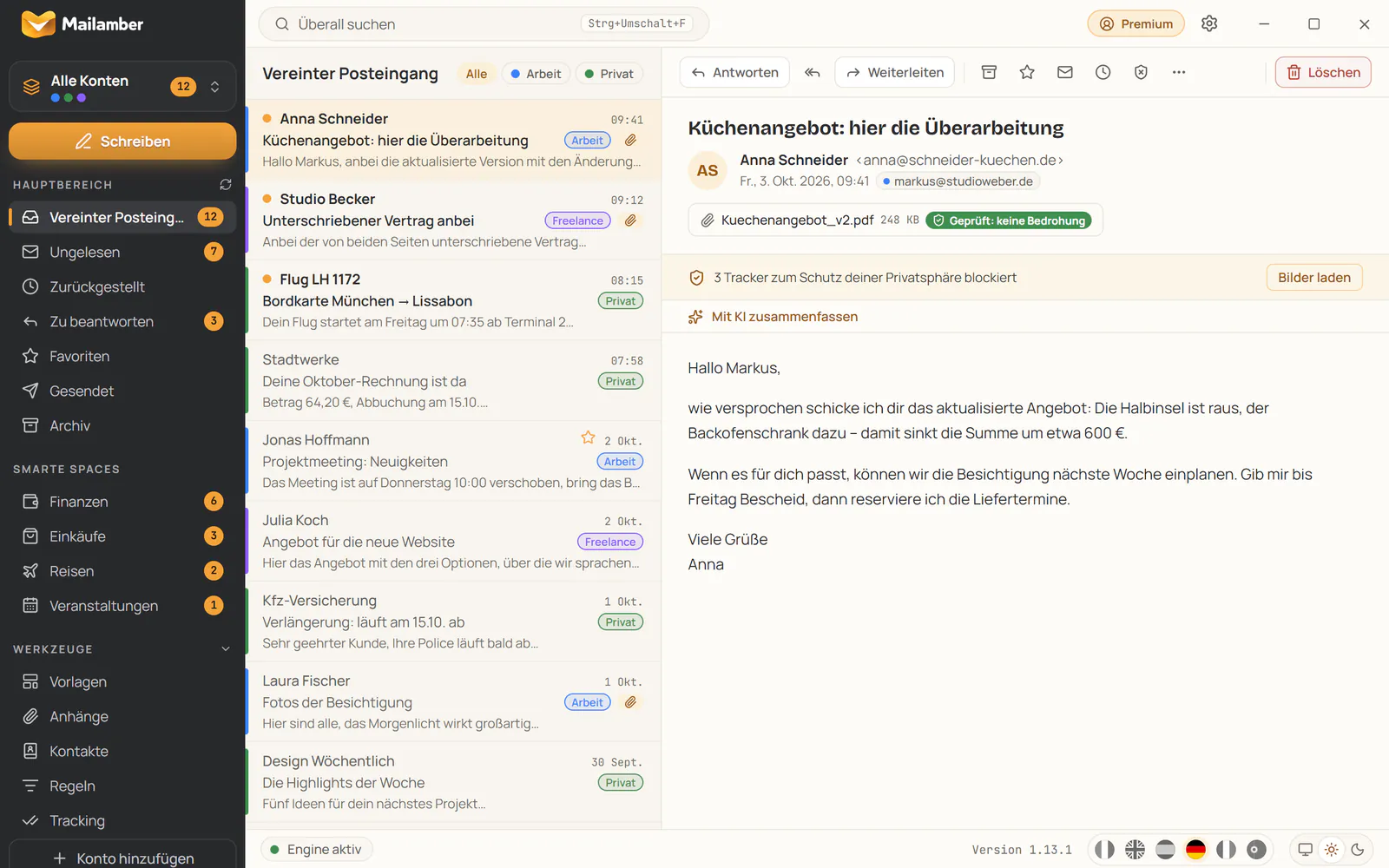 Die Leseansicht von Mailamber mit 3 blockierten Trackern und einem geprüften PDF-Anhang