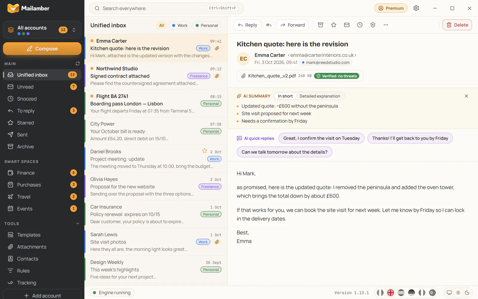 AI summary and AI quick replies in the Mailamber reader