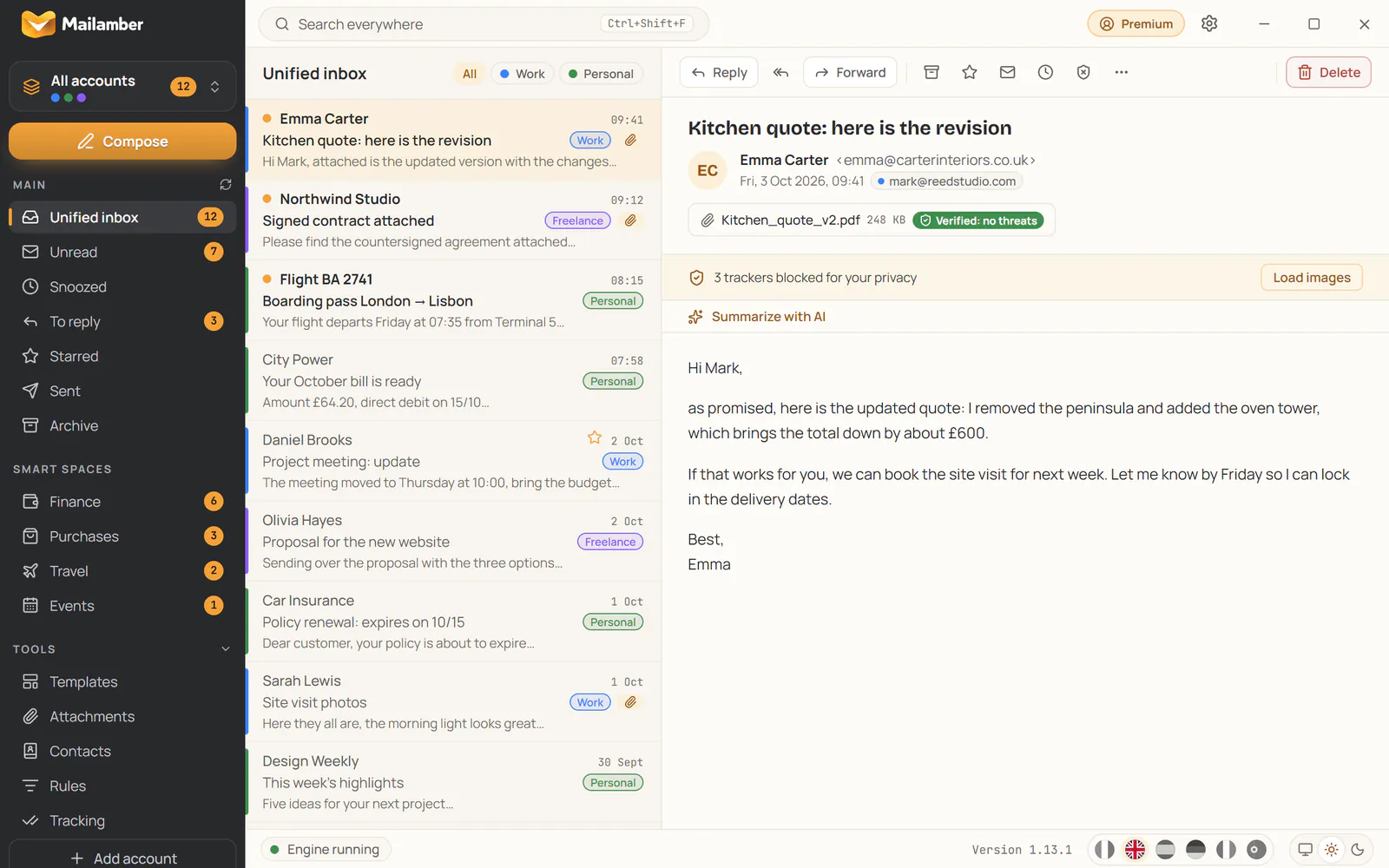 The Mailamber reader with 3 trackers blocked and a verified PDF attachment