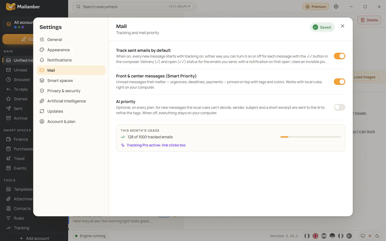 Mailamber Settings, Mail section, with the Saved confirmation and tracking usage