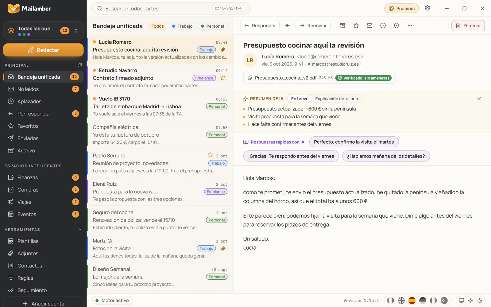 Resumen con IA y respuestas rápidas con IA en el lector de Mailamber