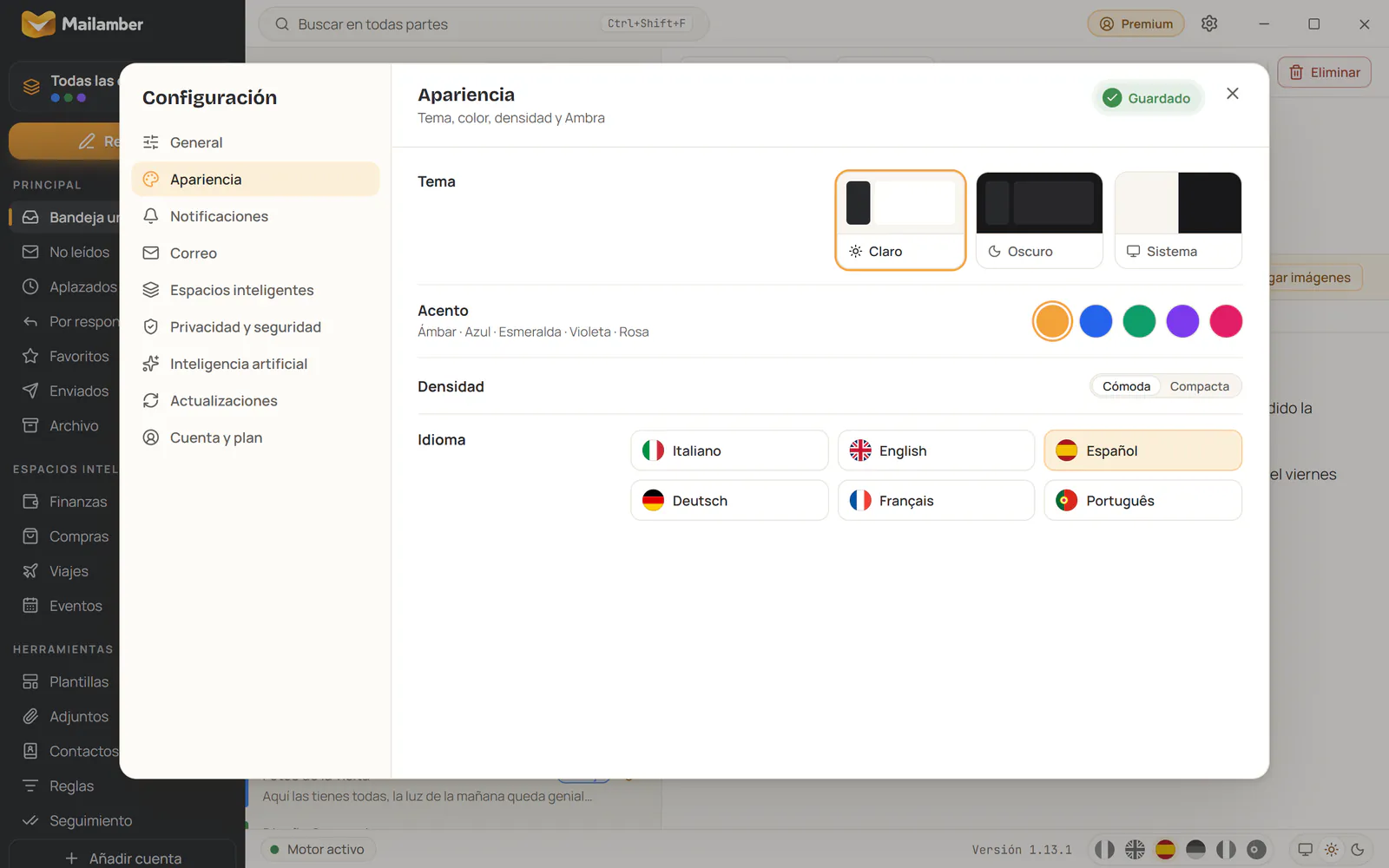 Ajustes de Apariencia de Mailamber con temas, colores de acento y selección de idioma
