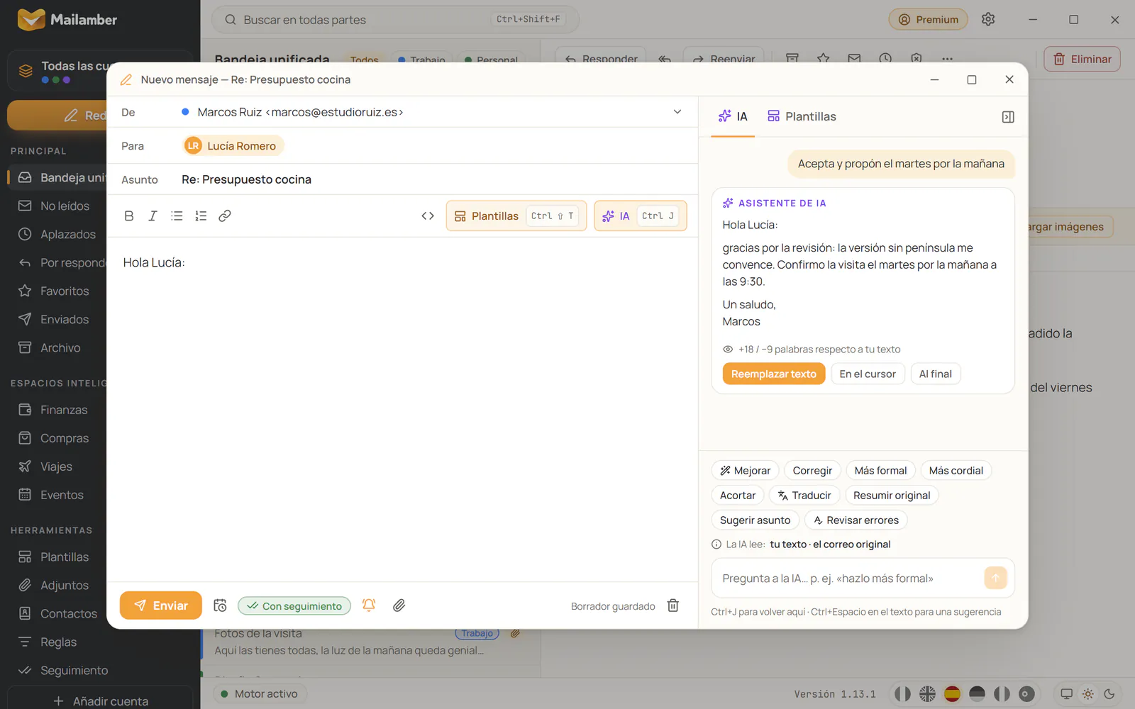 Ventana de redacción de Mailamber con seguimiento ✓✓ activo y la barra lateral del copiloto de IA abierta