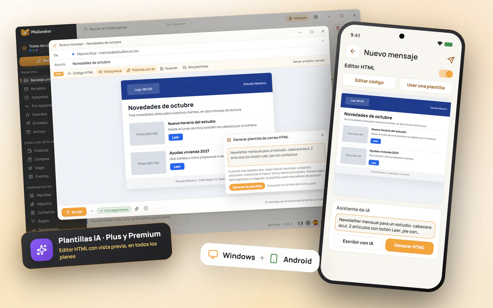 Editor de Mailamber en modo HTML en Windows y Android, con la vista previa de una newsletter y el generador de plantillas de correo con IA