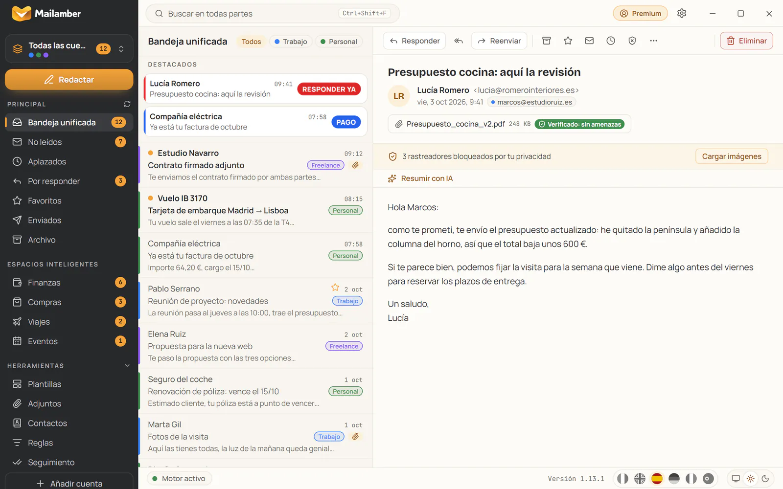 Mailamber para Windows: barra lateral, bandeja unificada con la sección destacada y lector de mensajes