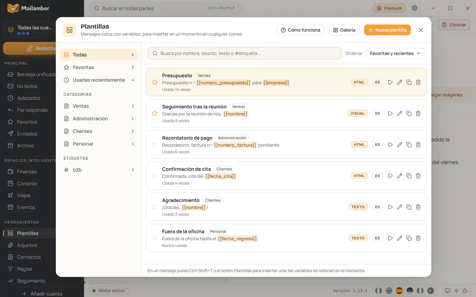 La biblioteca de plantillas de Mailamber con búsqueda, favoritos y categorías