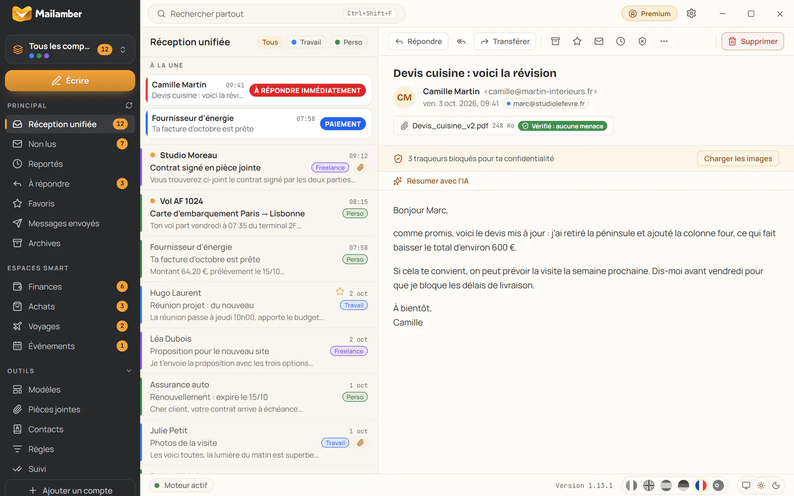 Mailamber pour Windows : barre latérale, réception unifiée avec la section prioritaire et lecture des messages
