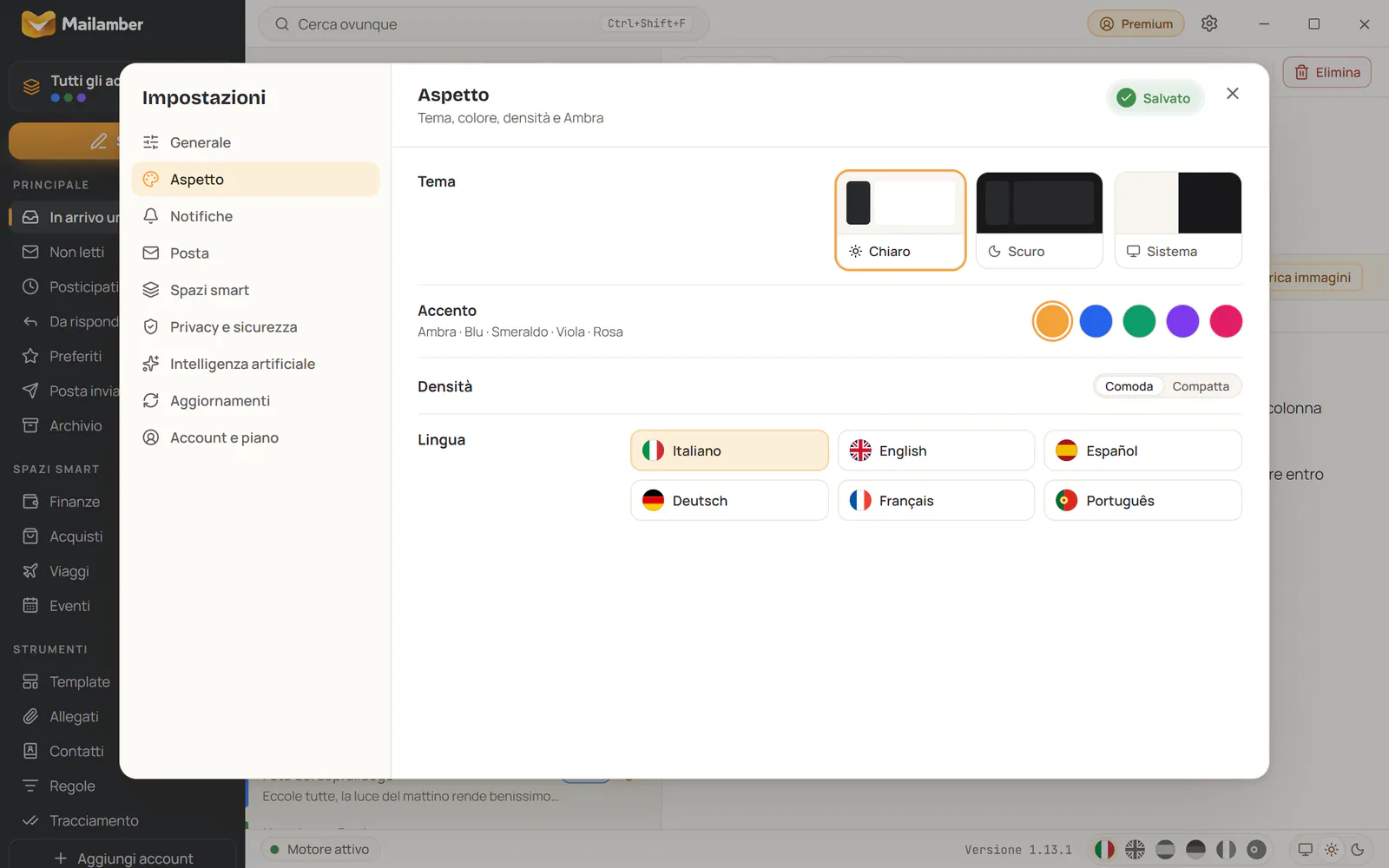 Impostazioni Aspetto di Mailamber con temi, colori d’accento e selezione della lingua
