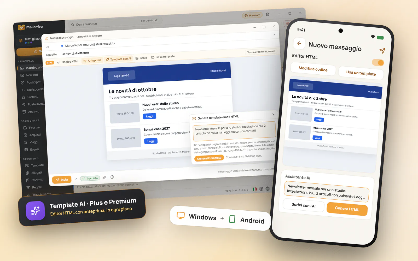 Composer di Mailamber in modalità HTML su Windows e Android, con l’anteprima di una newsletter e il generatore di template email con AI
