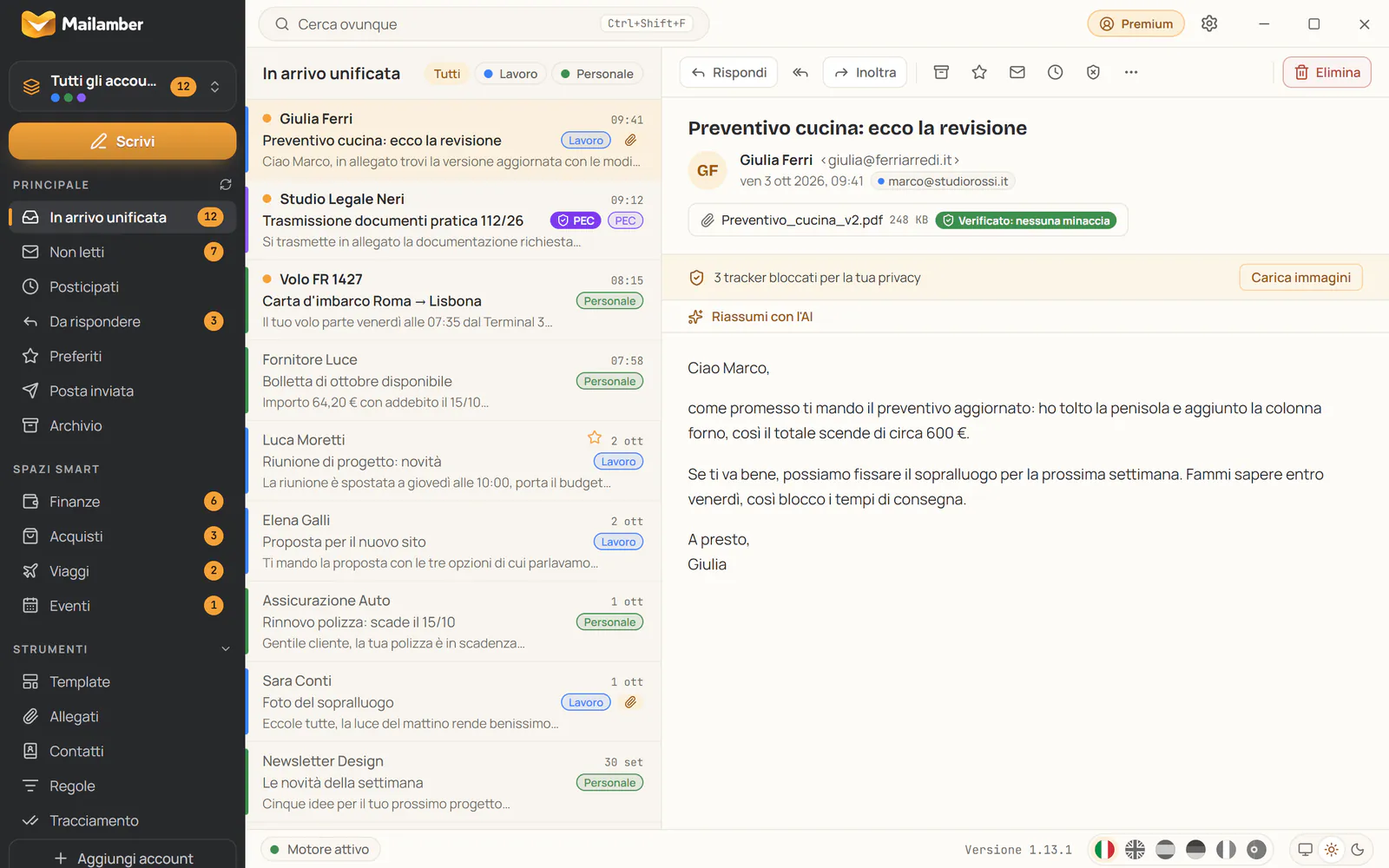 Il lettore di Mailamber con 3 tracker bloccati e un allegato PDF verificato