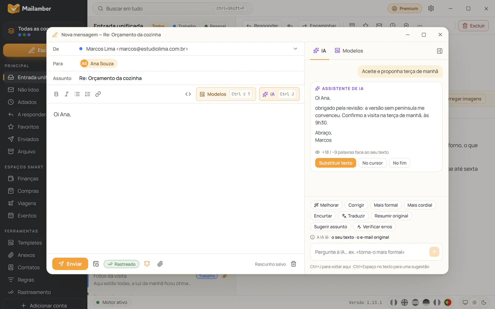 Janela de escrita do Mailamber com rastreamento ✓✓ ativo e a barra lateral do copiloto de IA aberta