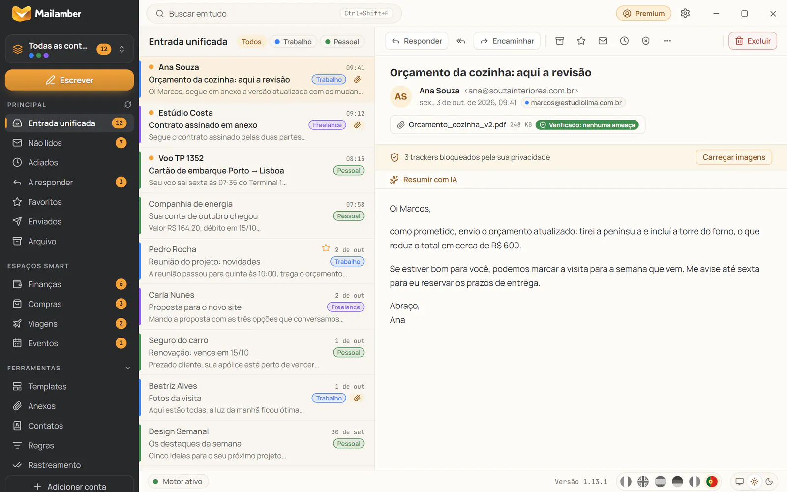 O leitor do Mailamber com 3 rastreadores bloqueados e um anexo PDF verificado