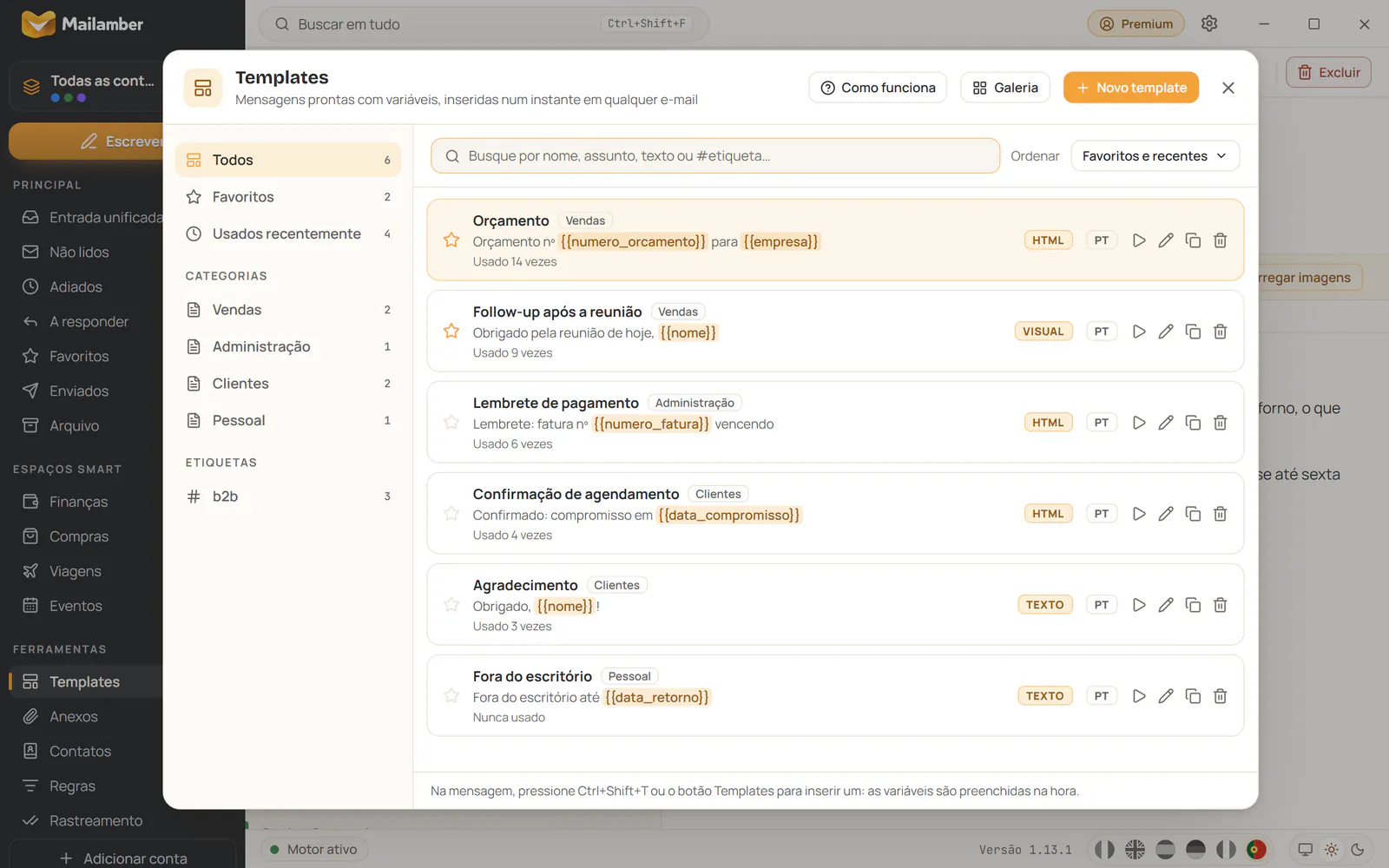A biblioteca de modelos do Mailamber com busca, favoritos e categorias