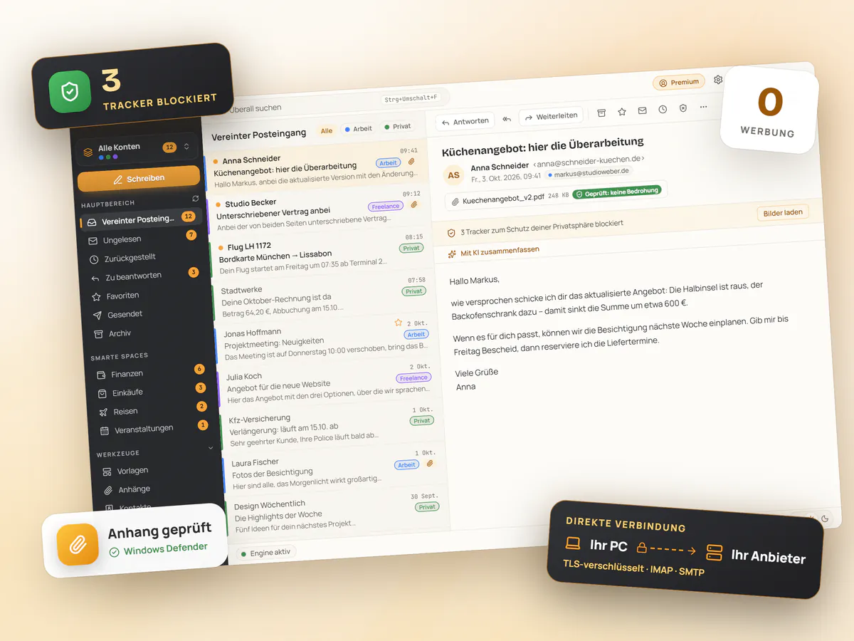 Mailamber für Windows, geneigt, mit 3 blockierten Trackern, 0 Werbung, einem geprüften Anhang und direkter TLS-Verbindung zwischen PC und Anbieter