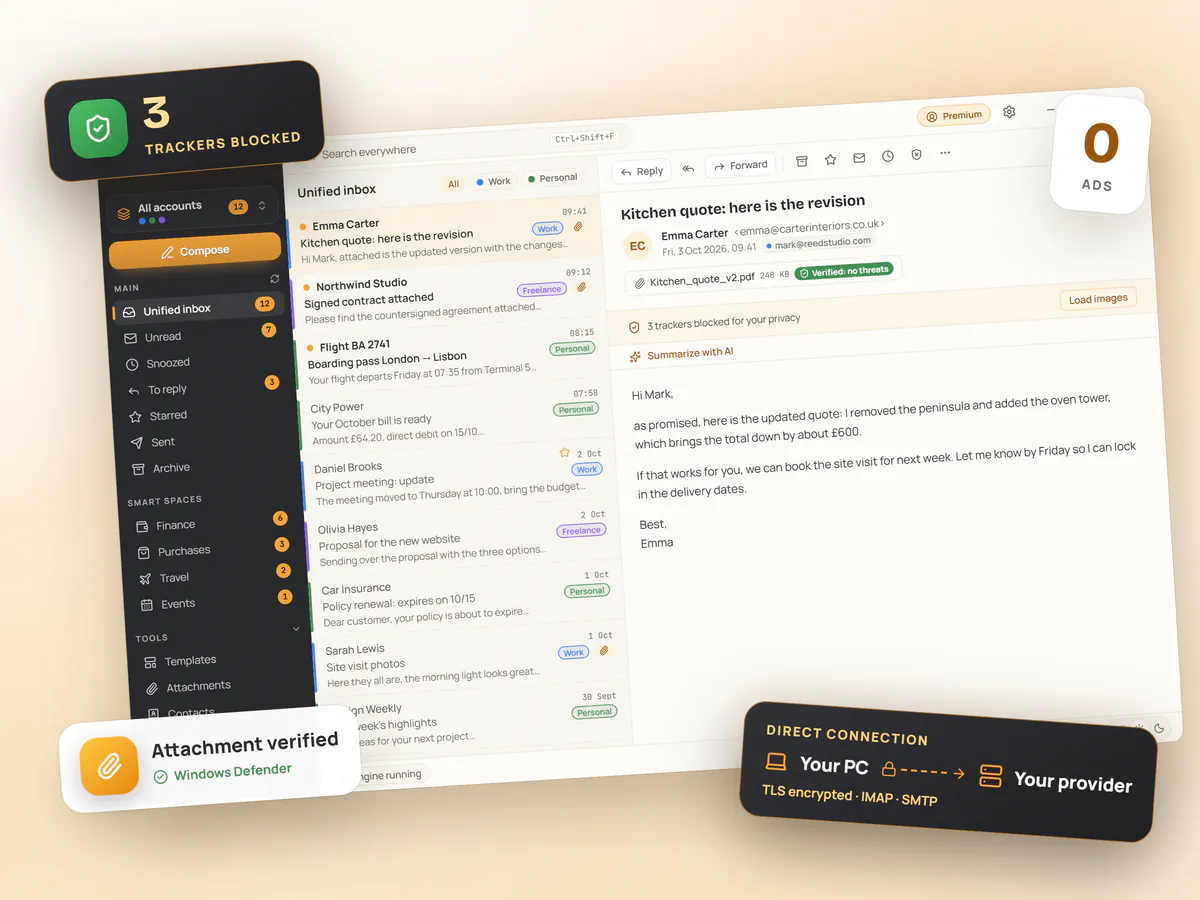 Mailamber for Windows, tilted, with 3 trackers blocked, 0 ads, a verified attachment and a direct TLS connection between PC and provider