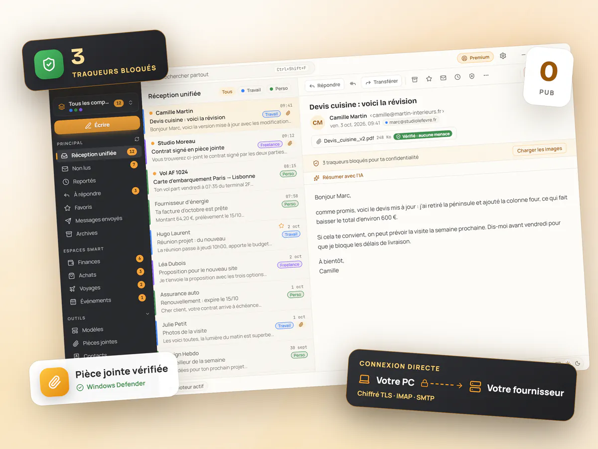 Mailamber pour Windows incliné avec 3 traceurs bloqués, 0 publicité, une pièce jointe vérifiée et une connexion TLS directe entre le PC et le fournisseur