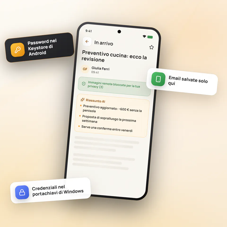 Mailamber per Android con immagini remote bloccate e le credenziali custodite nel Keystore di Android e nel portachiavi di Windows
