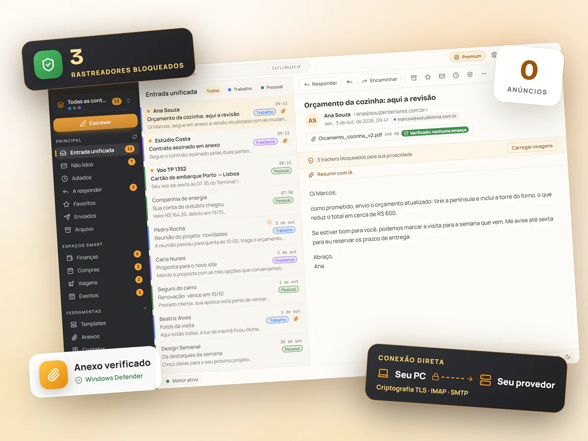 Mailamber para Windows inclinado com 3 rastreadores bloqueados, 0 anúncios, um anexo verificado e conexão TLS direta entre o PC e o provedor